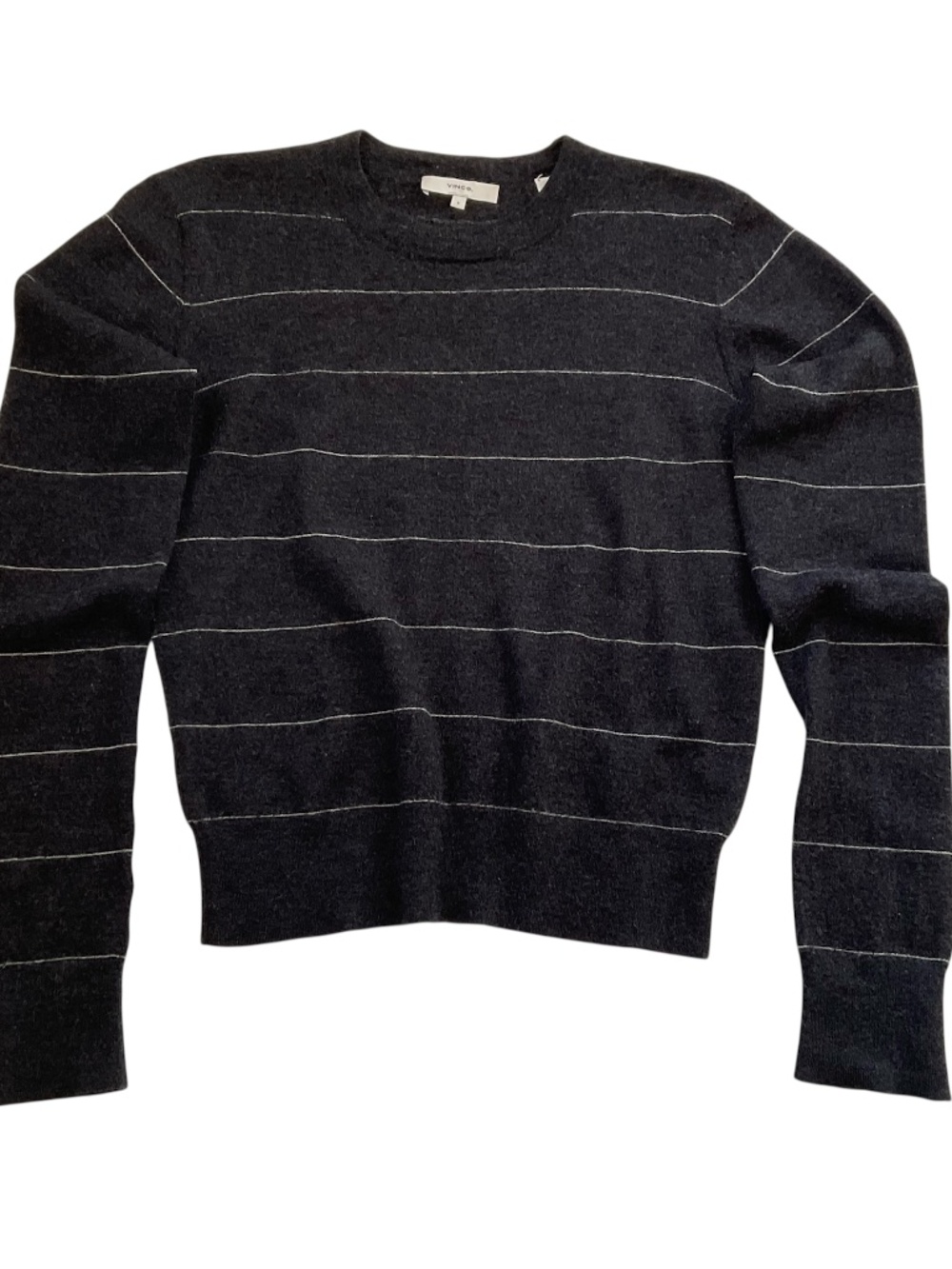 Vince 100% Cashmere Striped Crewneck Sweater Sz S Gray Soft Quiet Luxury Neutral - Picture 2 of 10